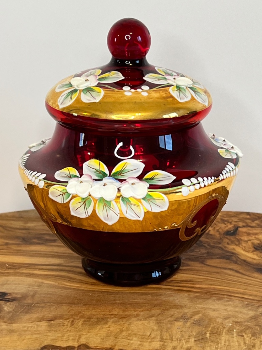Vintage Bohemian Red Glass Floral Hand Painted Jar Lid Dish Gold Raised Relief